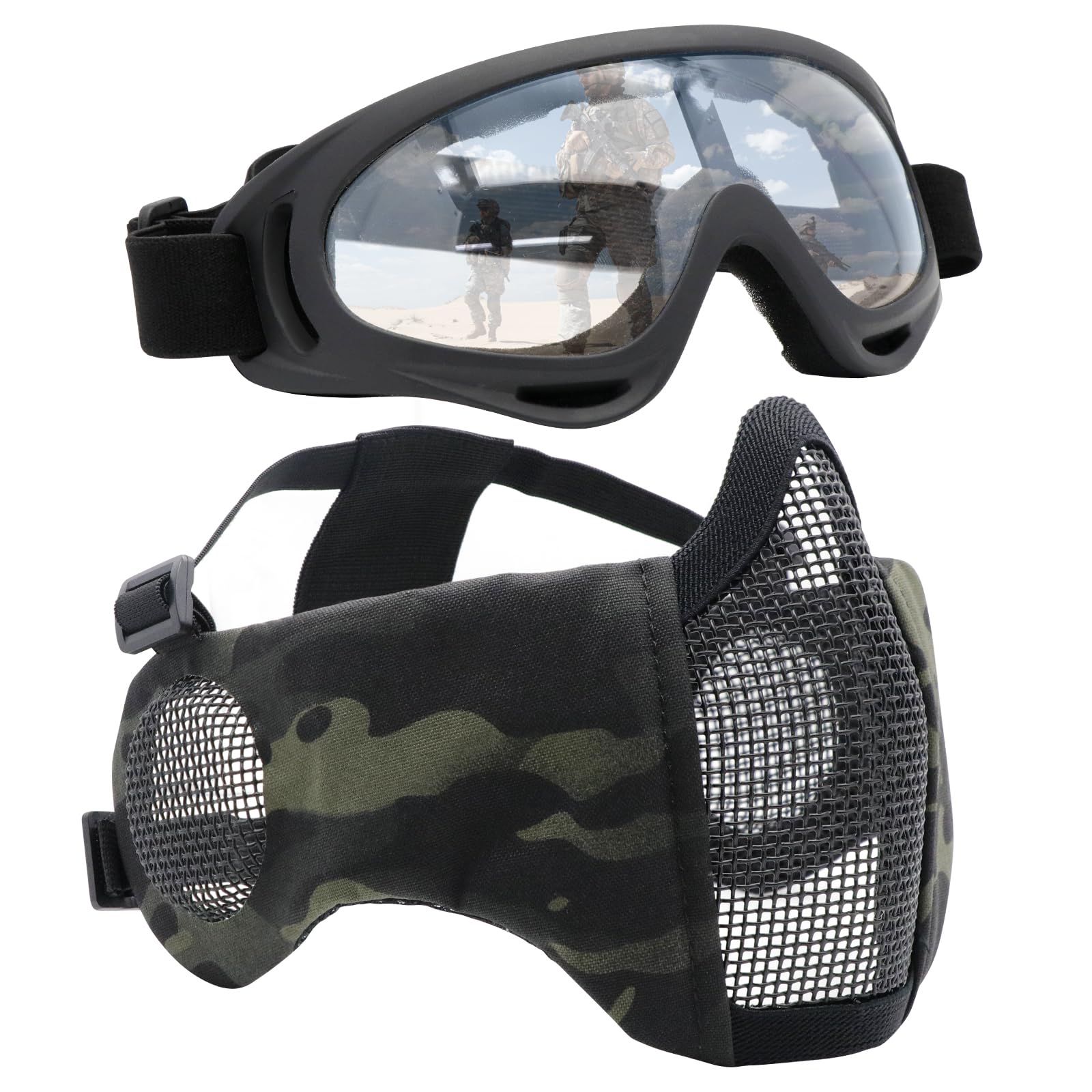 Yzpacc Airsoft Mask with Goggles, Foldable Half Face Airsoft Mesh Mask with Ear Protection for Paintball Shooting Cosplay CS Game (BCP)