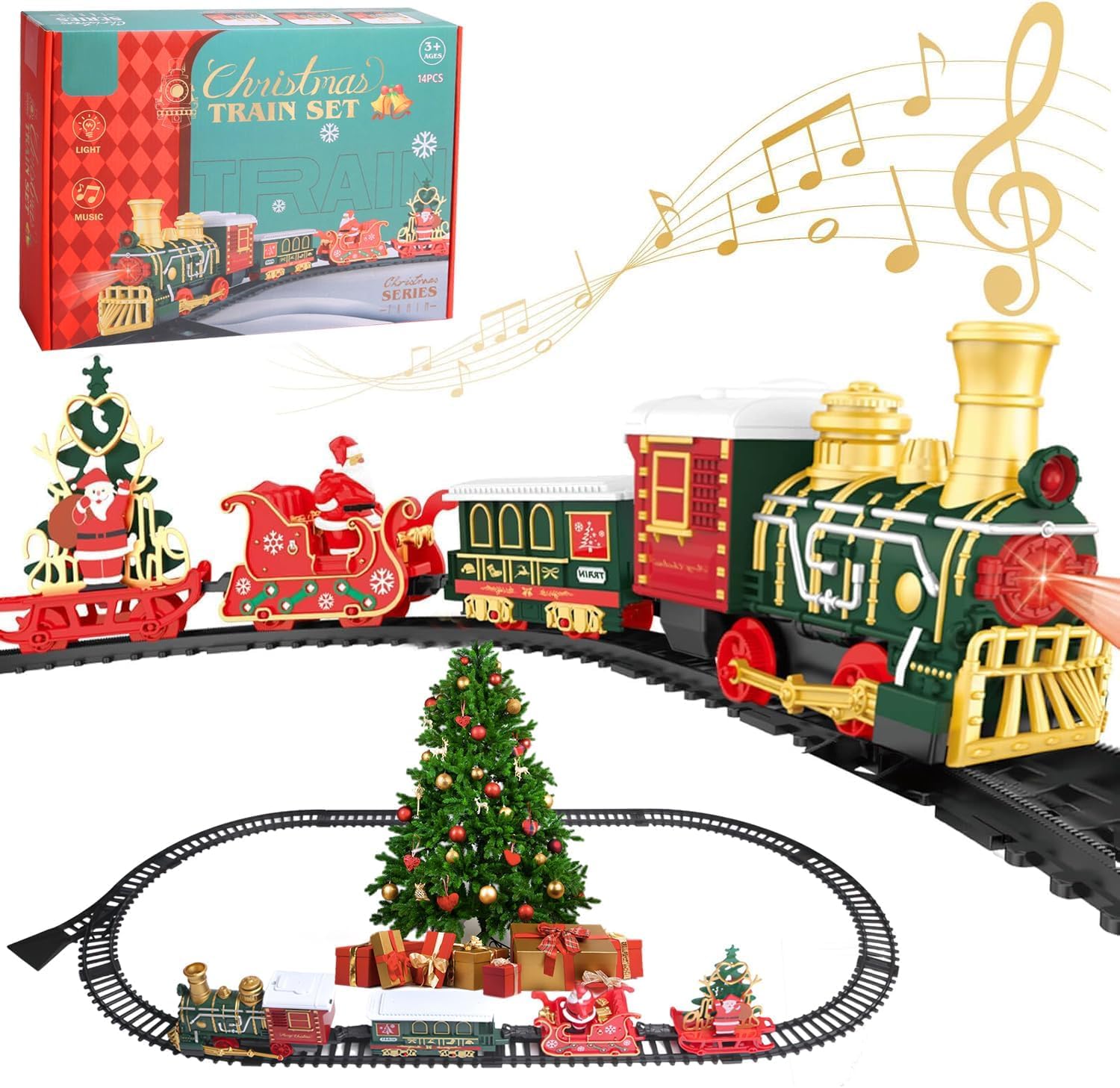 OBEST Christmas Train Set with Light & Sounds, Electric Children's Railway Train Toy with Lights and Music,Toy Railway with Santa Claus Sled and Christmas Tree