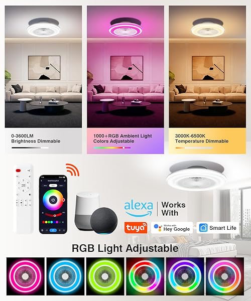 SMART RGB CEILING FANS WITH LIGHTS AND REMOTE，20″ LOW PROFILE CEILING FAN WITH LIGHT ,6-SPEED WIND & DIMMABLE LED,1000+RGB AMBIENT LIGHT ,FLUSH MOUNT CEILING FAN COMPATIBLE WITH ALEXA AND GOOGLE HOME
