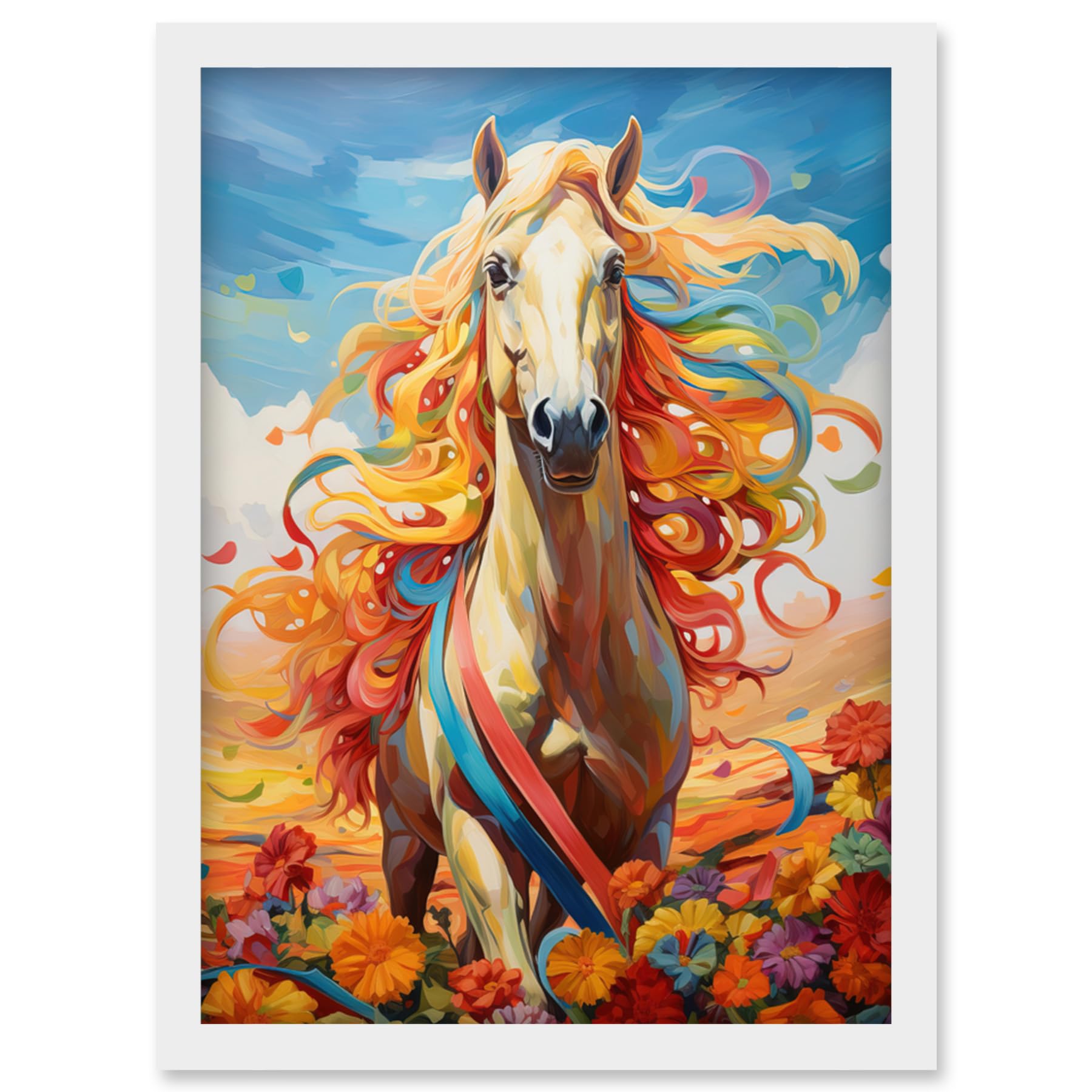 Artery8 Girls Bedroom Nursery Artwork Fantasy Horse Colourful Mane Bright Bold Fun Happy Artwork Framed Wall Art Print A4