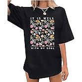 Tewmeu Oversized Christian Tshirts for Women God is Within Her Tops Jesus Faith Shirts Bible Verse Inspirational Graphic Tees
