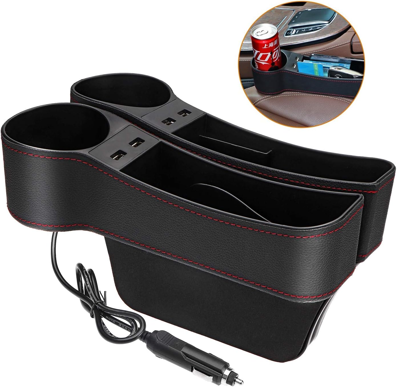 JESTOP Car Seat Gap Filler, 2 Packs Leather Car Front Seat Storage with Dual USB Charging, Auto Center Console Organizer for Cell Phone Wallet Coin Key (Black): Automotive