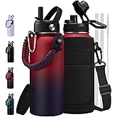 32 oz Water Bottles Insulated Flask - Stainless Steel Metal Water Jug Keep Cold-48h & Hot-24h, Triple-Wall Thermal Fitness Sports Water Bottle with Paracord Handle, Straw & Spout Lids, Bottle Sleeve