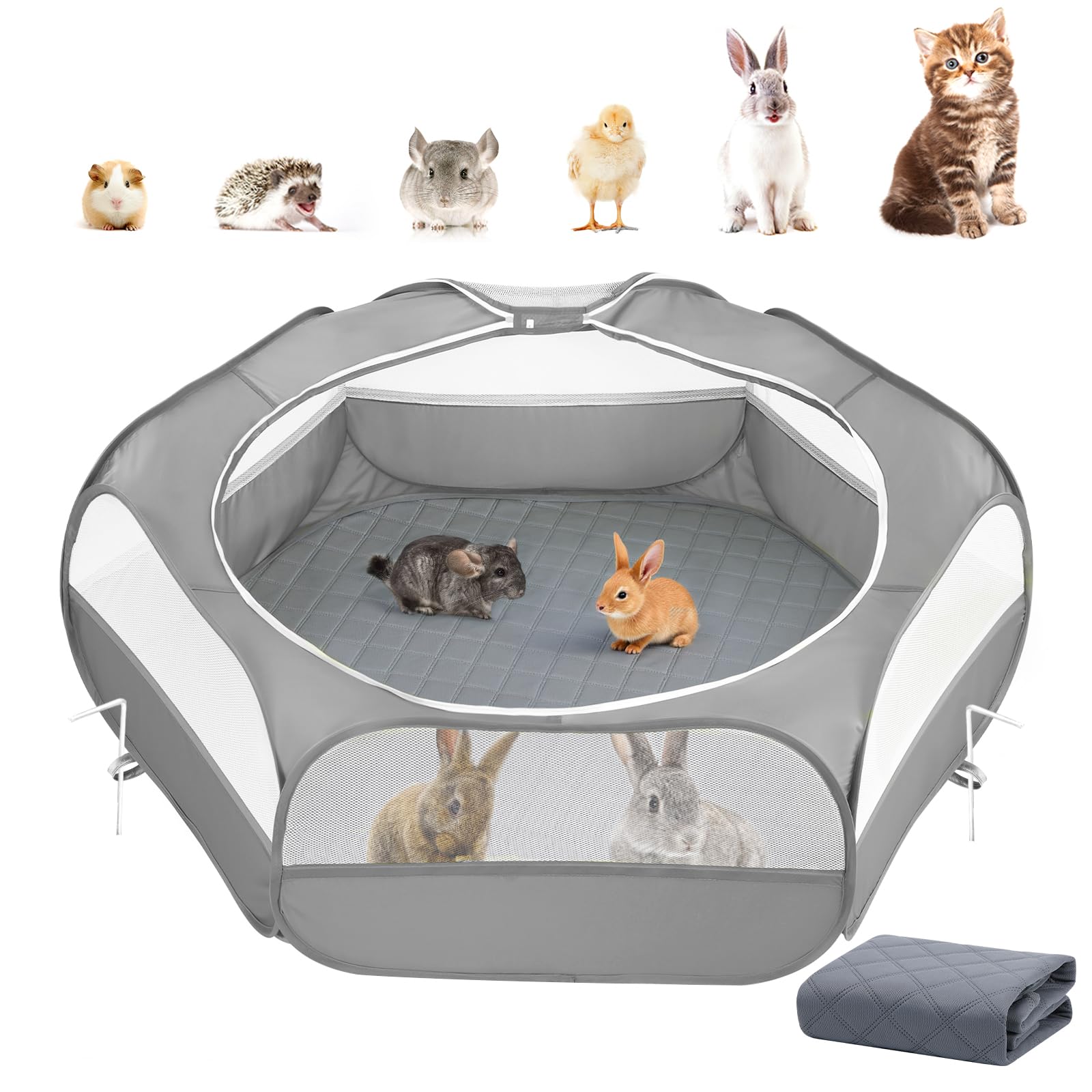 Photo 1 of 2-in-1 Small Animals Playpen with Pad, Waterproof Small Pet Cage Tent with Reusable Pad, Portable Outdoor Yard Fence with 3 Metal Rod for Chick/Kitten/Puppy/Guinea Pig/Rabbits/Chinchillas, Gray