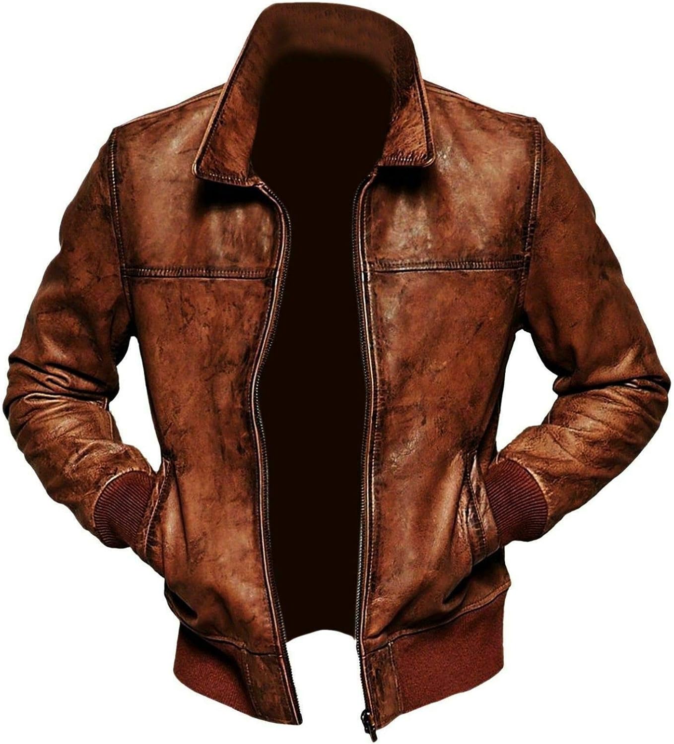 Mens Biker Vintage Distressed Brown Bomber Winter Leather Jacket Images