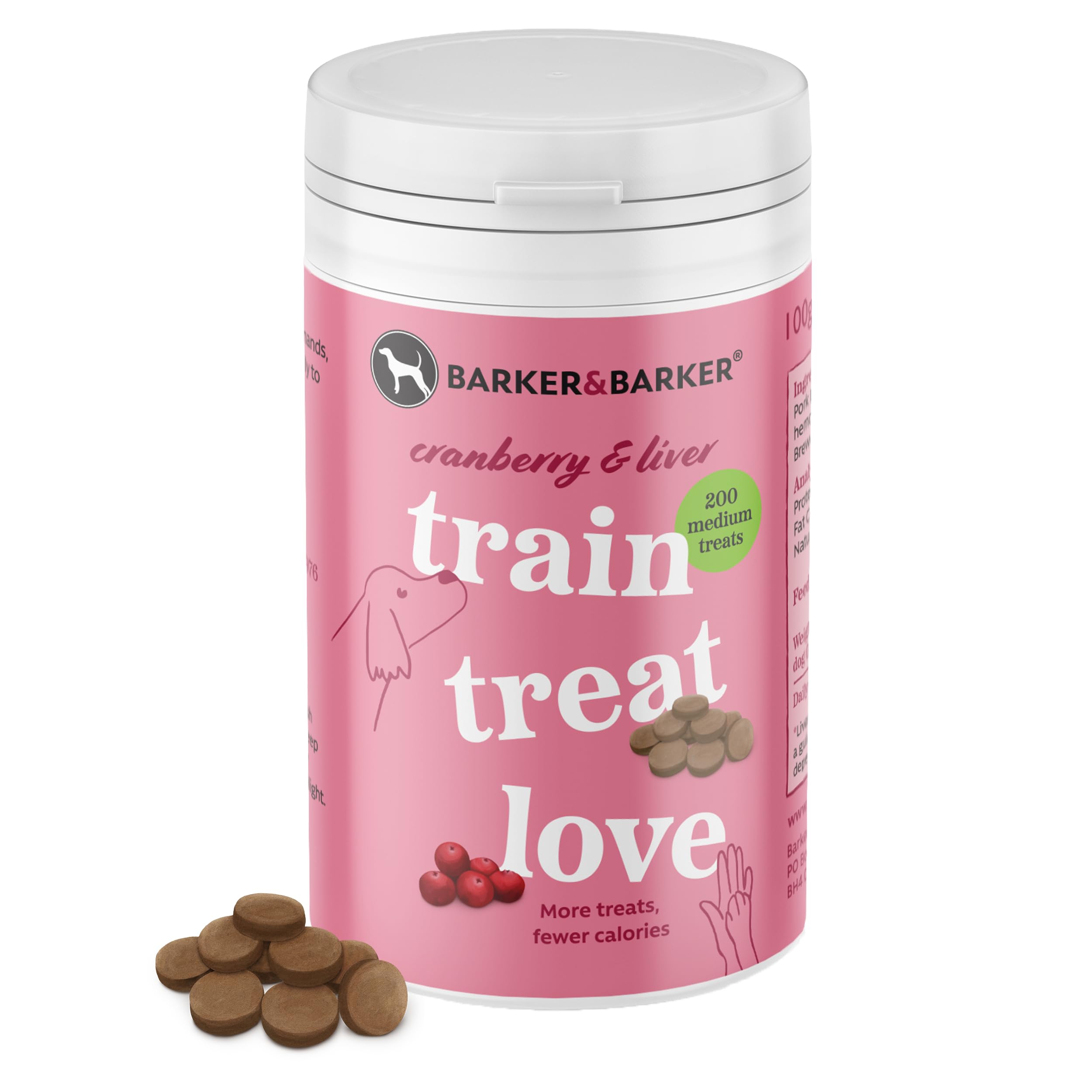 Barker and Barker Grain Free Dog Training Treats - 200 Medium Healthy Cranberry & Liver Treat Pot, Low Calorie High in Protein & B Vitamins - No Artificials, 100% Human-Grade for Small & Medium Dogs