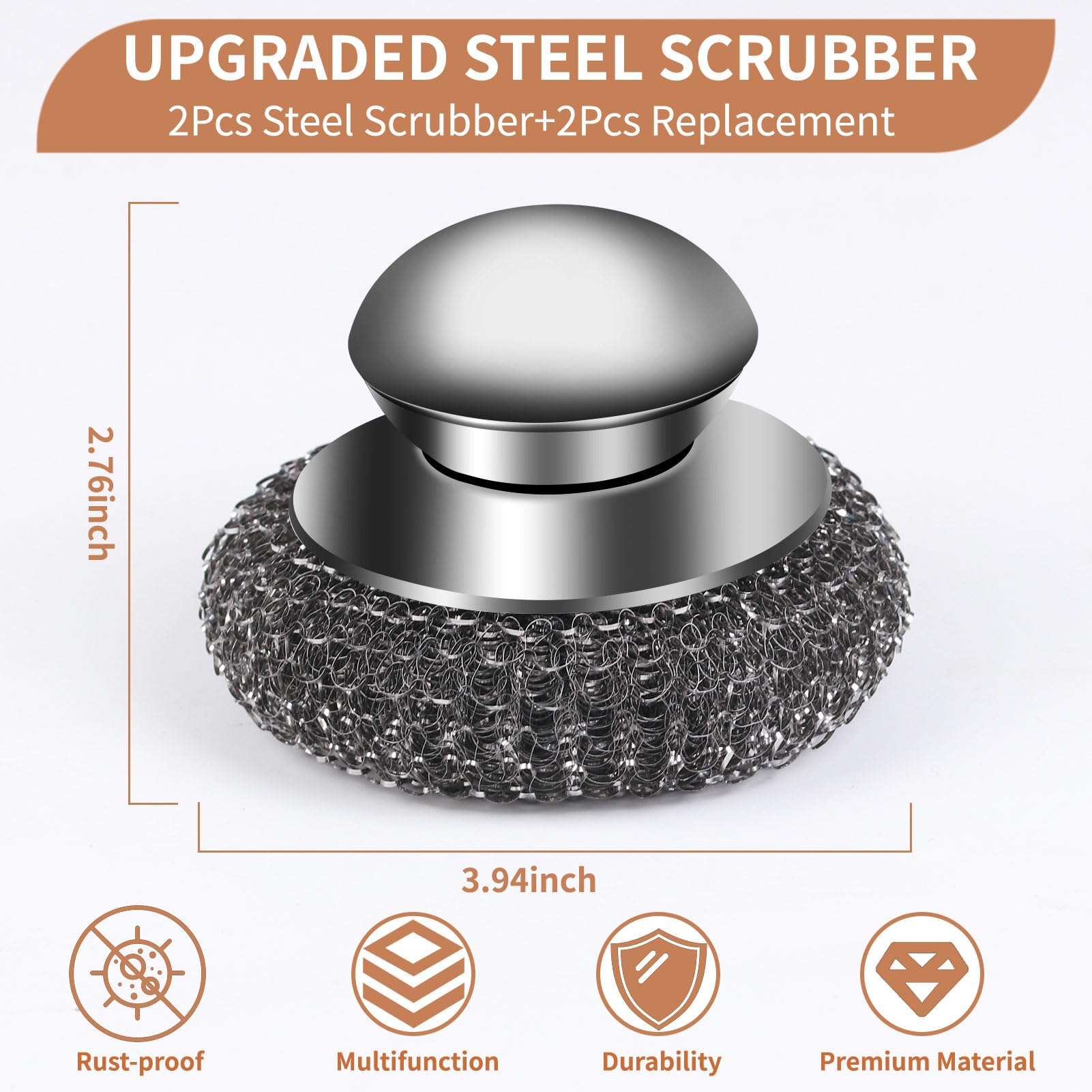 4pcs Steel Wool Scrubber with Replacement Wire Sponge Pads Set, Stainless Steel Scrubber with Handle for Scouring Stubborn Messes from Cast Iron, Pots, Pans, Grill, Stoves, Sink(2 Scrubber+2 Pads)