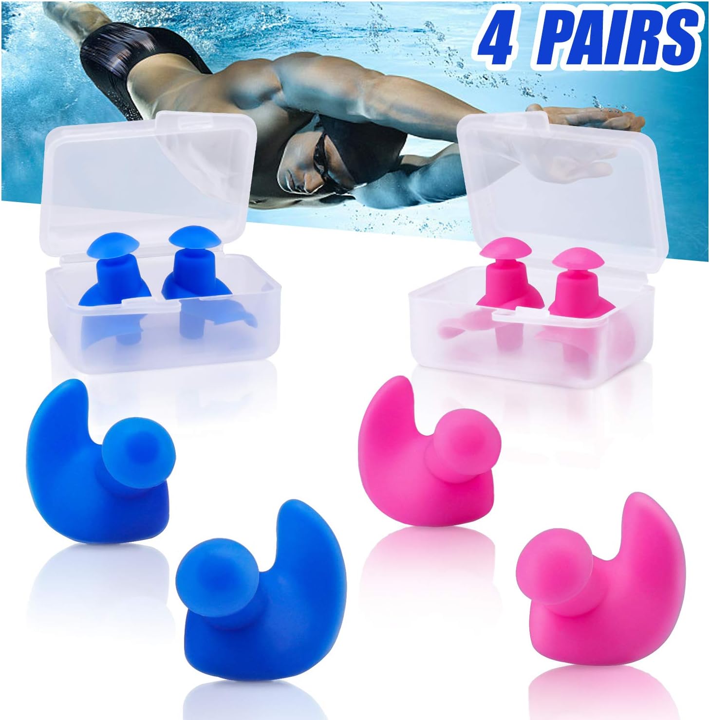 Jionchery Swimming Ear Plugs, 4 Pairs Waterproof Reusable Silicone Ear Plugs, Swimming Ear Plugs for Adults Kids, for Swimmers Showering Bathing Surfing and Other Water Sports โฆ