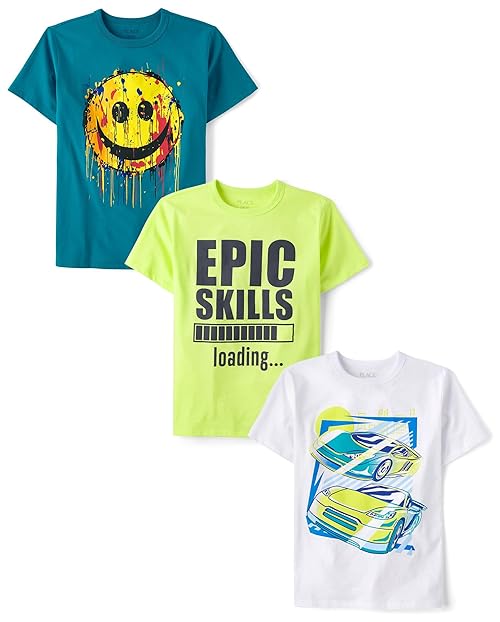 The Children's Place,Boys,Vehicle Short Sleeve Graphic T-Shirts,Multipacks,Race Cars/Epic Skills/Happy Face 3-Pack,X-Small