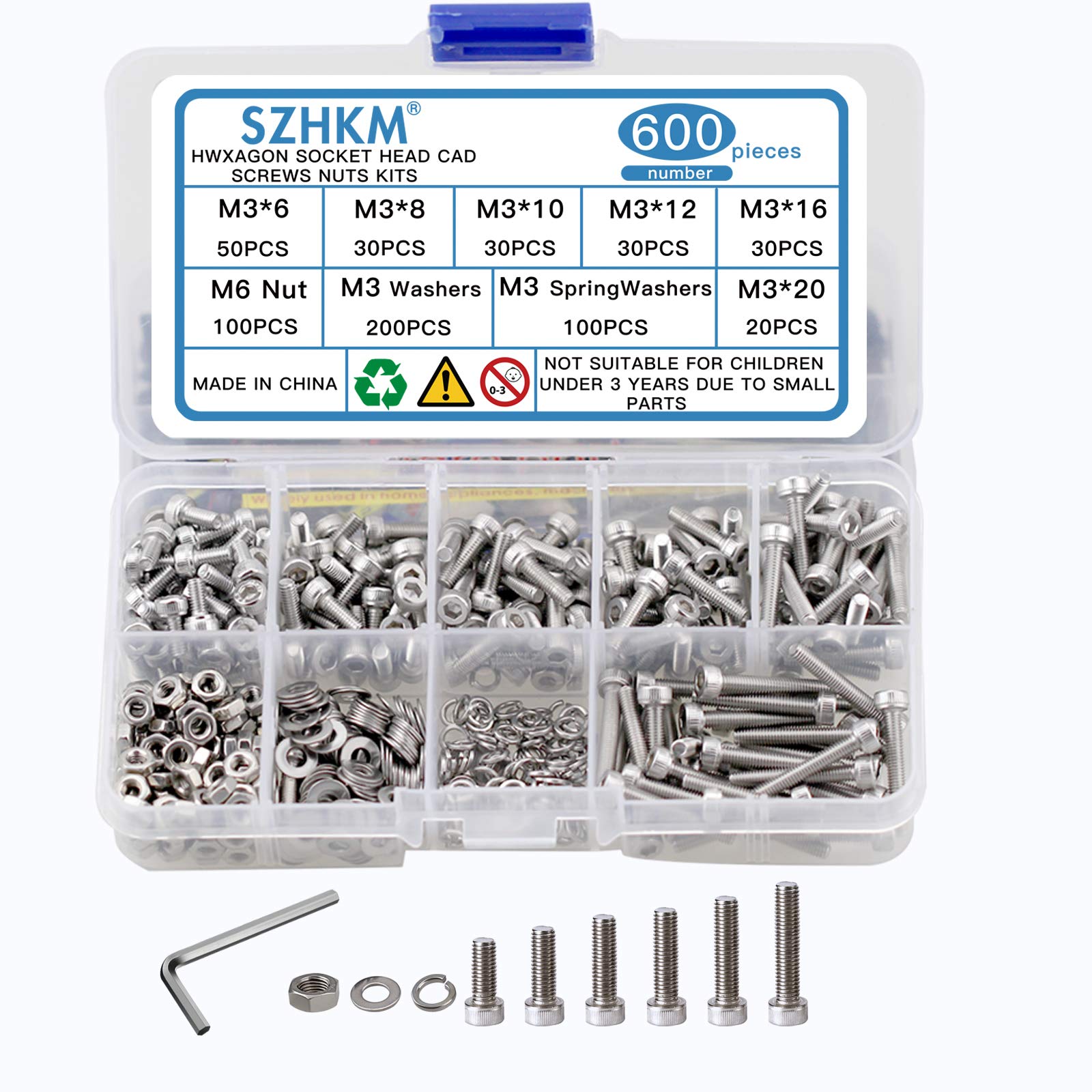 SZHKM 304 Stainless Steel Screw Nut Washer in Six Angle Hole Bolt Suit with Six Angle Screw M3 Classification Box 600 Pieces (BT9-01,White)