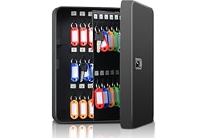 Dalmbox Key Cabinet with Combination Lock, Key Storage Box Wall Mount, Steel Security Locking Key Lock Box with Code, 60 Key Hooks and Colored Key Tag Labels, 11.81 x 9.45 x 3 inch, Black