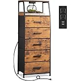 NASHZEN Nightstand 5 Drawer Dresser with Charging Station, Side Table with Fabric Drawers, End Table with Open Shelf, Tall Dresser for Bedroom, Hallway, Entryway