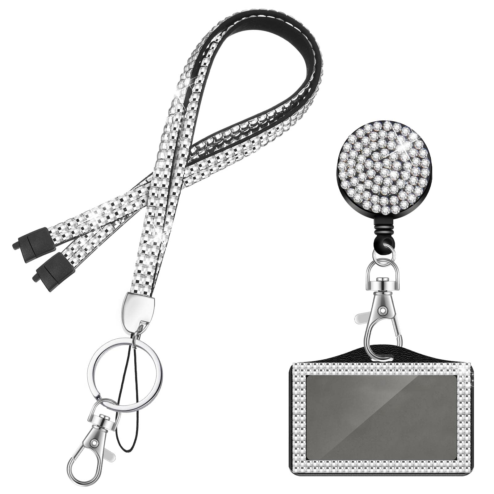 Nezyo Rhinestone Crystal Sparkly Lanyard with Card Holder Retractable Badge Set Glitter Necklace Card Holder ID Name Badge Reel Necklace Bling Lanyard Strap for School Classroom(Silver)