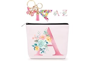 Lingdeer Personalized Makeup Bag with Initial Keychain, Custom Travel Initial Makeup Bag, Birthday Gifts for Women Girl Bride