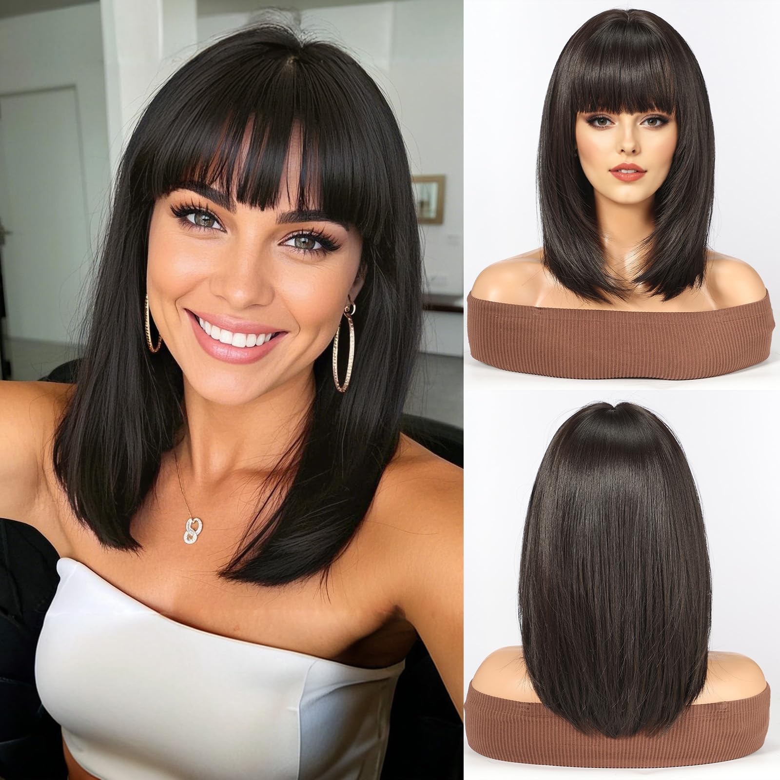 WOKESTAR Staright Wig with Fringe Synthetic Mid-length Layered Wigs for Women Natural Black Color
