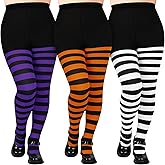 Hercicy 3 Pairs Women Plus Size Halloween Tights Striped Tights Colorful Legging Women Footed Legging for Halloween