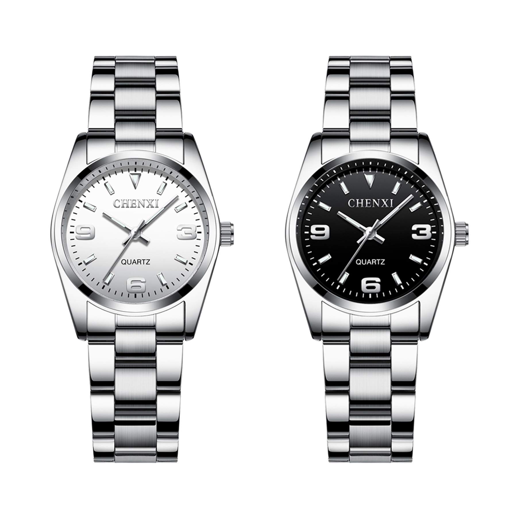 Jewelrywe Couple Watches Gift Set: His And Hers Stainless Steel Wristwatch Analog Big Numerals Lunimous Hands Quartz Watch Casual Business Dressing Watches