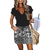 SAUKOLE Women Summer T Shirt Dress Casual Short Sleeve V Neck Dress with Pockets Drawstring Waist Short Dresses