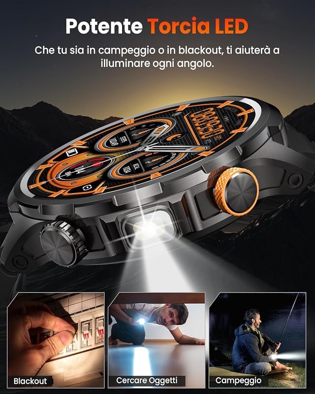 Smartwatch Uomo Militare con 1000mAh/Torcia LED, Nero — foto 4 di 8