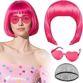 PLULON Hot Pink Bob Wig with Heart Sunglasses and Hair Cap, Colorful Short Bob Wigs Synthetic Party Wigs Funny Cosplay Hairpi