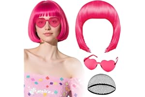 PLULON Hot Pink Bob Wig with Heart Sunglasses and Hair Cap, Colorful Short Bob Wigs Synthetic Party Wigs Funny Cosplay Hairpieces for Women Men Daily Bachelorette Halloween Costume Party Decorations