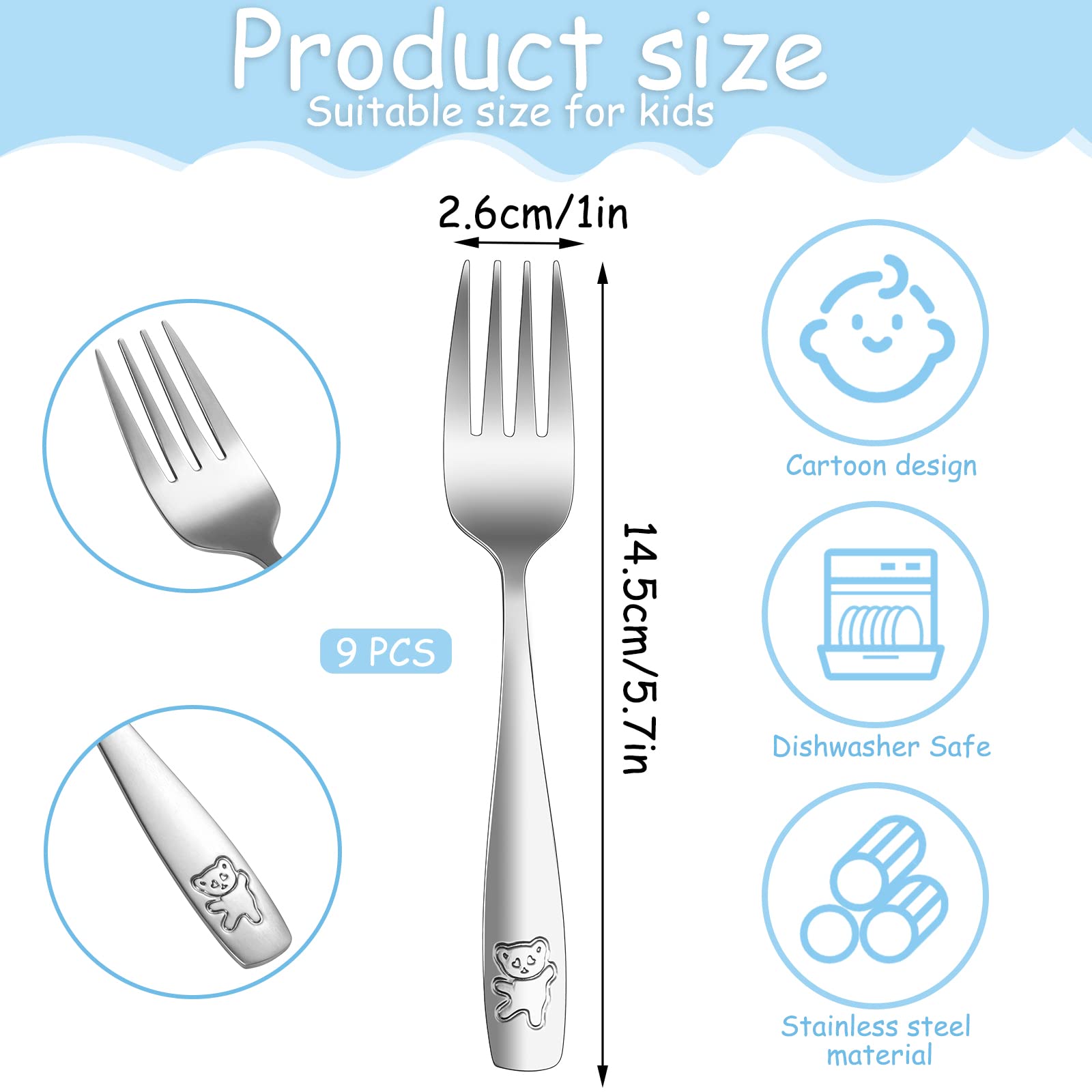 Pimoys 9-Piece Toddler Silverware Set - Stainless Steel Kids Forks & Spoons, Dishwasher Safe