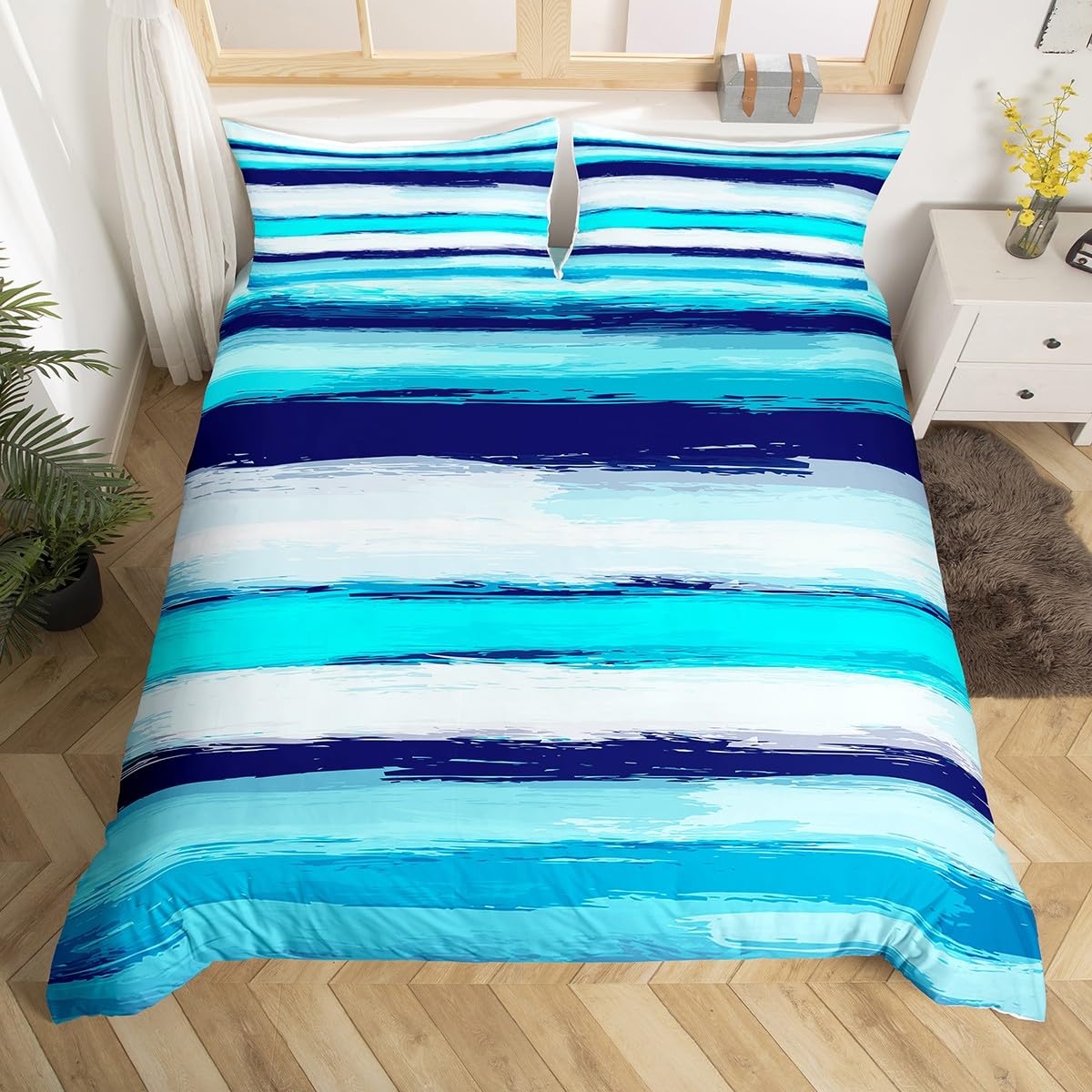 Stripe Bedding Set Double,Watercolor Painting Art Design Duvet Cover,Cute Geometric Stripes Theme Comforter Cover for Children Teen Boys Girls Bedroom Decoration, Blue Navy White — image 1