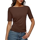 DCCISU Women's Boat Neck Top Half Sleeve Ruched Side Fitted T-Shirt Basic Casual Slim Tee