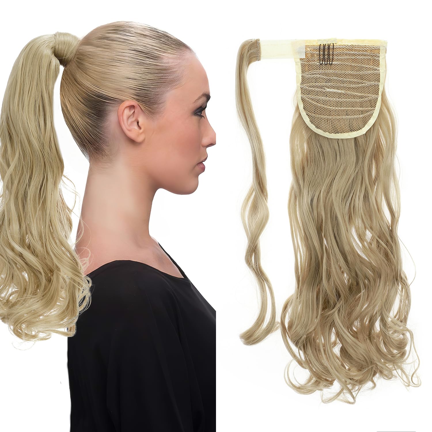 S-noilite 17" Long Curly Wrap around Ponytail Extensions Clip in Ponytail Hair Extensions Hairpiece for Women for Daily Use Ash Blonde