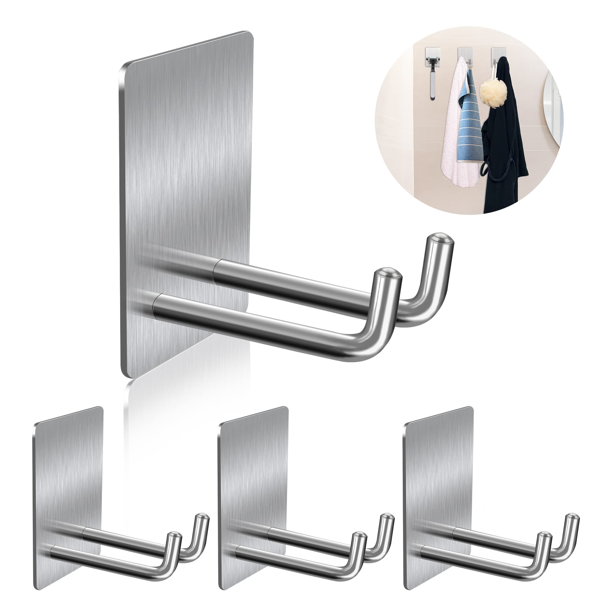 Photo 1 of TONHTCAT Adhesive Hooks, Stick on Stainless Steel Towel Robe Razor Wall Hooks for Bathroom Kitchen, Sticky Heavy Duty Durable Shower Hangers for Hanging Hat Coat Key 4-Pack (Silver)