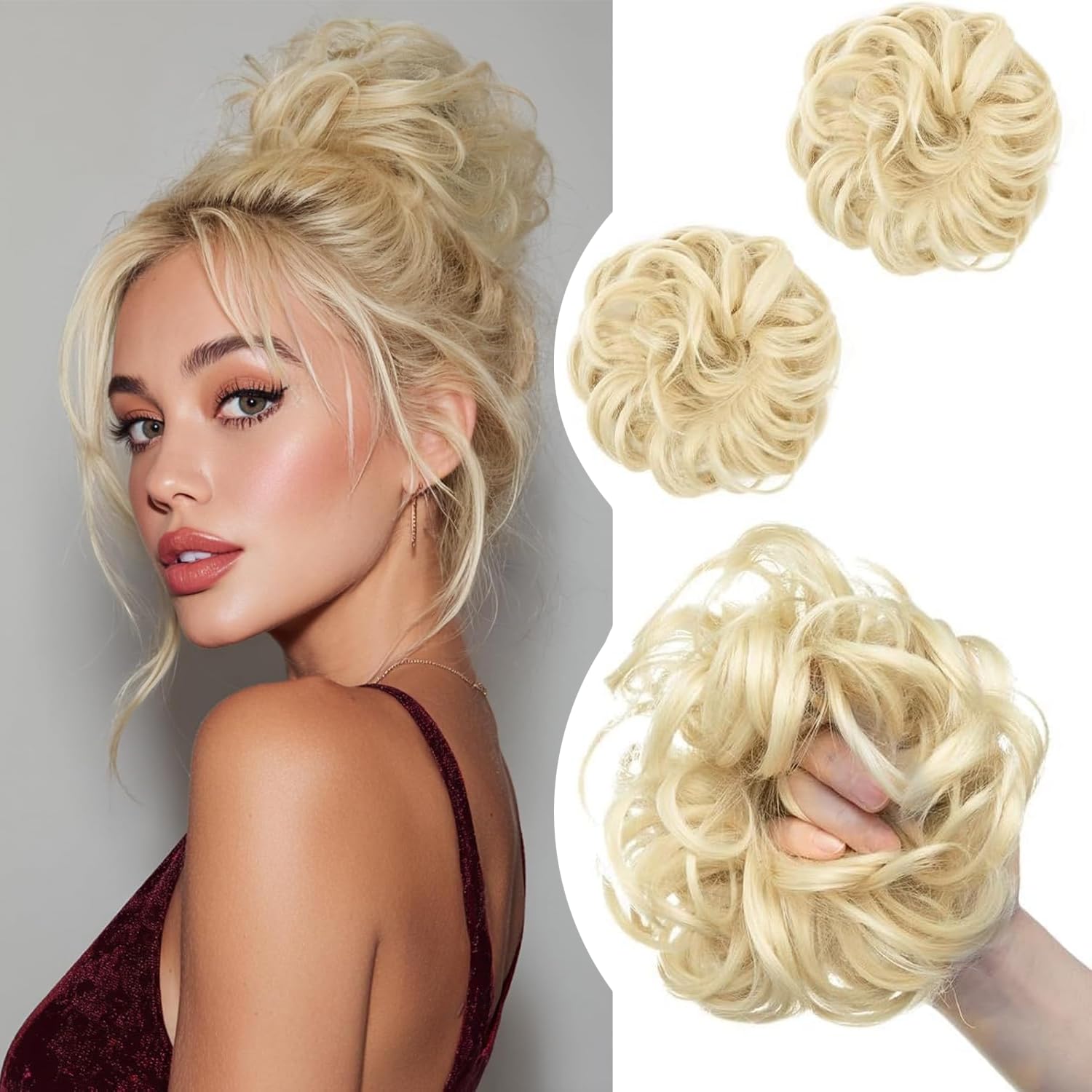 2PCS Beach Blonde Updo Messy Bun Hair Hair Piece Synthetic Wavy Curly Scrunchies Ponytail Extension,Synthetic Donut Updo Hair Pieces for Women Girls — image 1