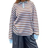 Women Y2k Striped Rugby Collared Polo Shirt Knit Vinatge Tops Oversized Long Sleeve Casual Soft Pullover Shirt