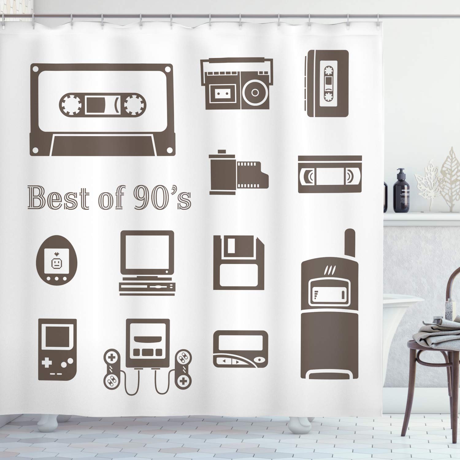 ABAKUHAUS 90s Shower Curtain, Gadget of 90s Pattern with Desktop Computer Video Game Joystick Nostalgia Theme Print, Cloth Fabric Bathroom Decor Set with Hooks, 70 Inches, Brown — image 1