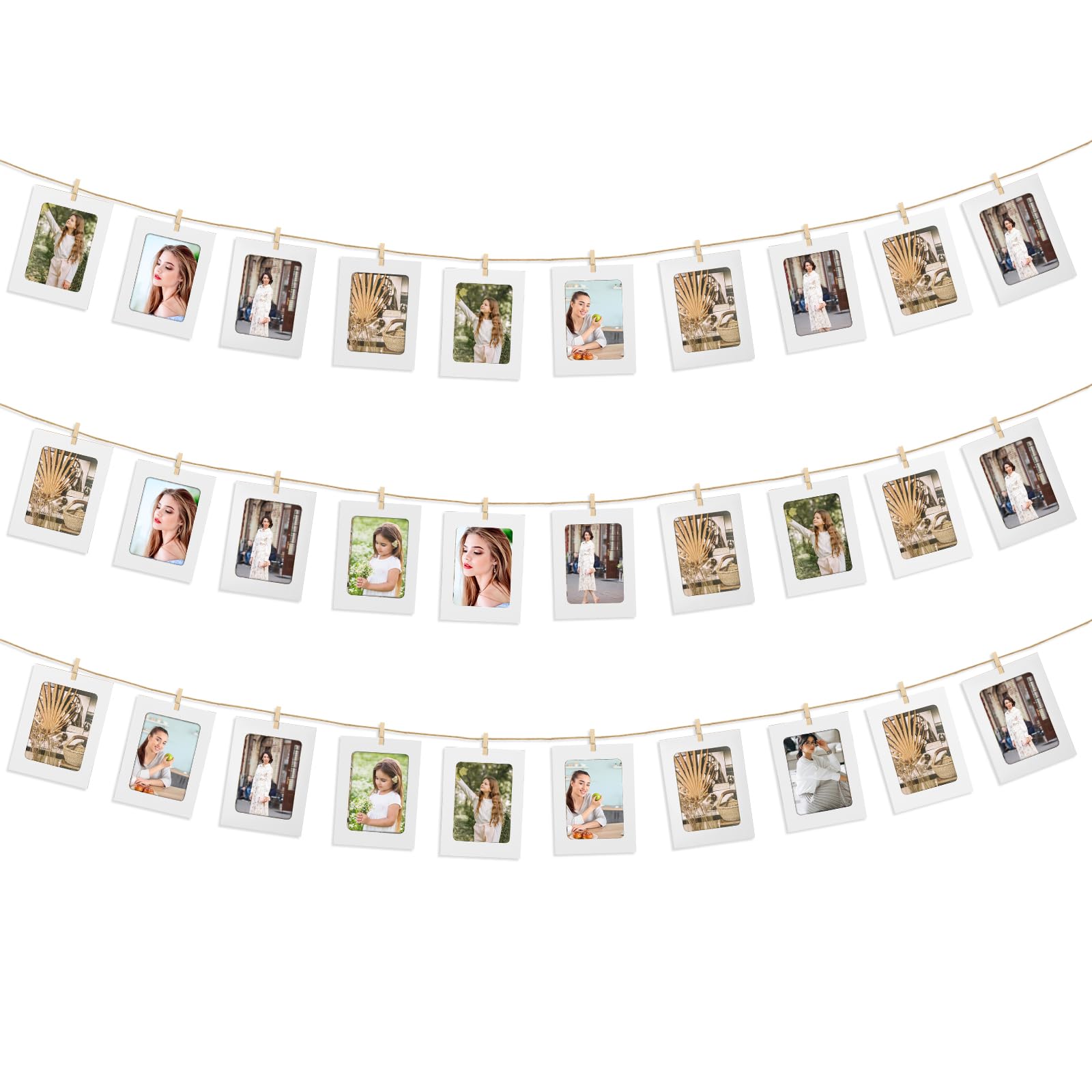 30 PCS Picture Hanging String, Photo Display Board Hanging Picture Frames with Wooden Clips and String 4 X 6 Inch Mini Pegs for Photos White Paper Picture Frames for Home,Office,Wedding,Party Decor