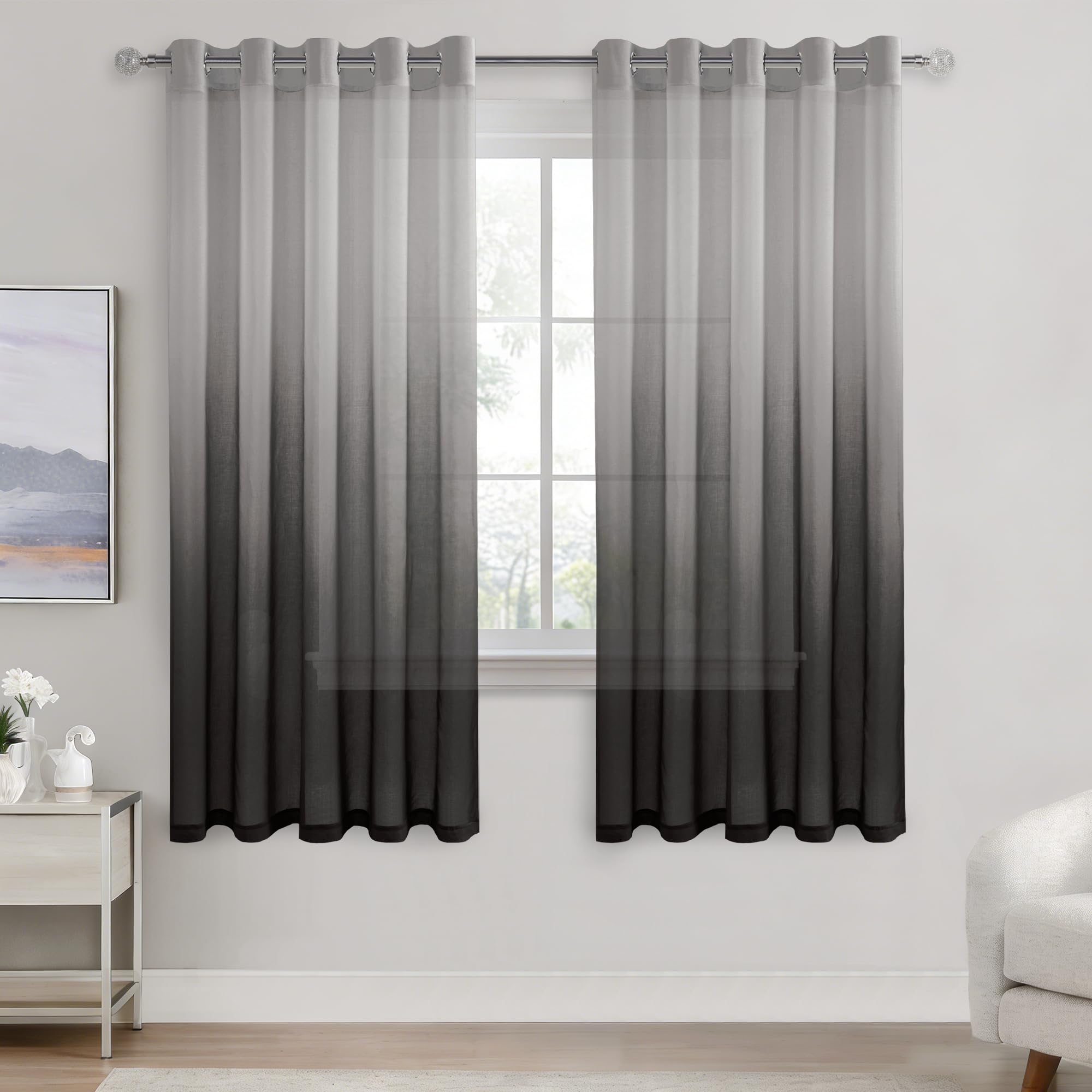 DWCN Voile Net Curtain 72 Drop Pair Black Gradient Curtains for Living Room Sheer Curtains for Bedroom Eyelet Set of 2, 66 x 72 Inches