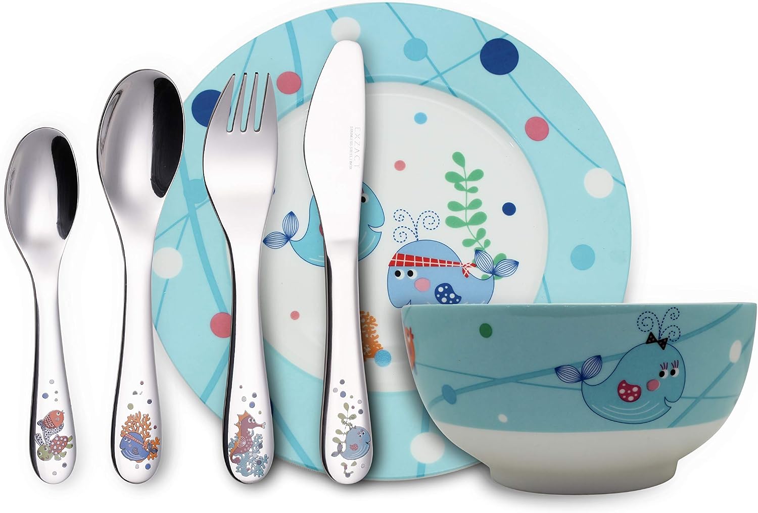 EXZACT 6-Piece Children's Dinner & Cutlery Gift Set, Stainless Steel & Porcelain, Sea Gift Set