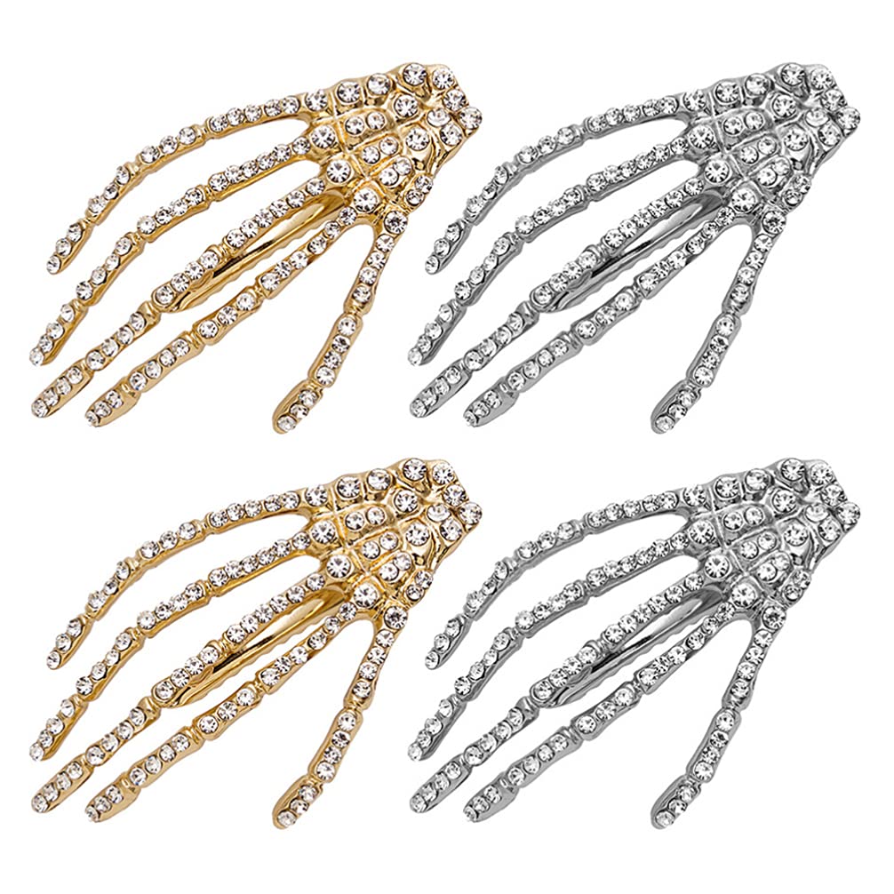 FRCOLOR 4Pcs Halloween Skeleton Hand Rhinestone Duckbill Hair Clips Alloy Barrettes Hair Accessories for Party Festival Costume Decoration
