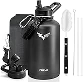 Insulated Water Bottle 64 oz, Triple-layered/Vacuum Stainless Steel (Cold for 48 Hrs), Half Gallon Large Water Jug with Paracord Handle, Straw & Spout Lids, Leakproof & BPA-Free, Onyx