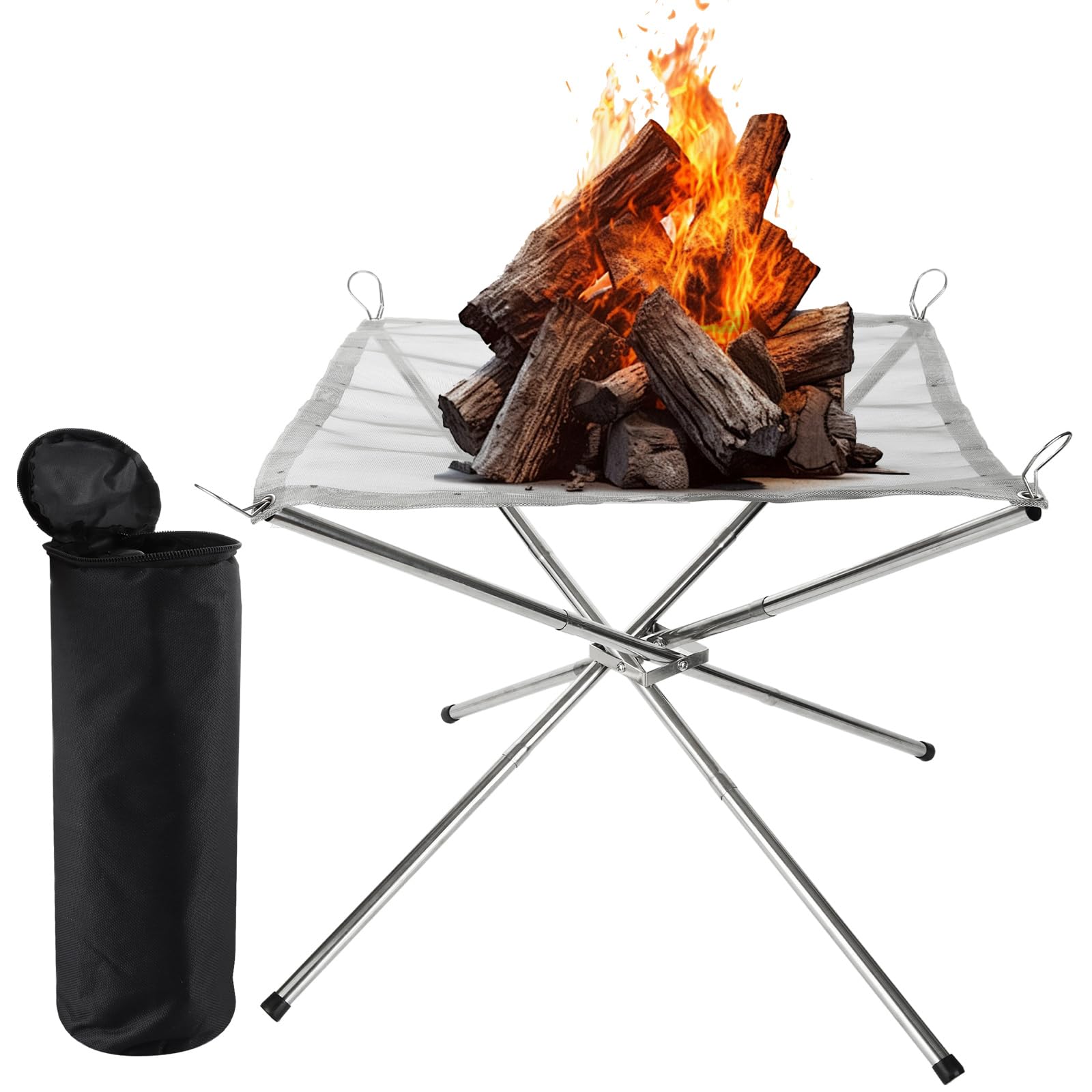 LOLYSIC Portable Fire Pit for Camping, 56 x 43 cm Foldable Fire Pit, Stainelss Steel Mesh Firepit with Carrier Bag, Outdoor Small Fire Pits for Garden Backyard Patio BBQ Camping Picnics