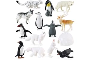 RCOMG Arctic Animals Figures, 14pcs Mini Polar Animal Figurines, Plastic Arctic Animal Toys Set with Arctic Fox Wolf Reindeer Penguins Toys