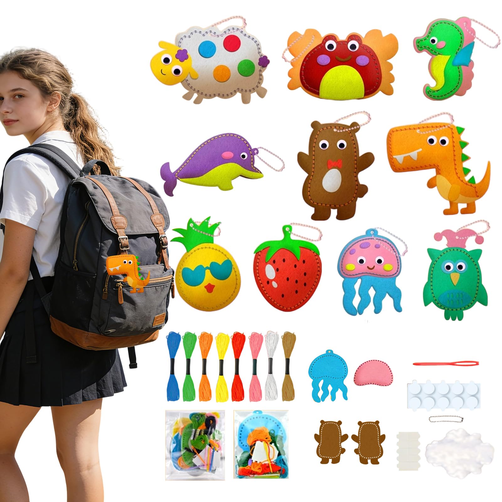 Rusokufo 10-Piece Summer Felt Sewing Kit For Kids, Craft Set Featuring Sea And Fruit Animals, Beginner-Friendly With Stuffing And Plastic Needles, Plush Felt Pendant For