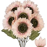 Hollyone Large Silk Pink Sunflowers Artificial Flowers 26" Long Stem Artificial Sunflower 6 Pcs Tall Fake Sun Flowers Vintage Faux Sunflowers Bulk with Stem for Home Wedding Birthday Party Decor