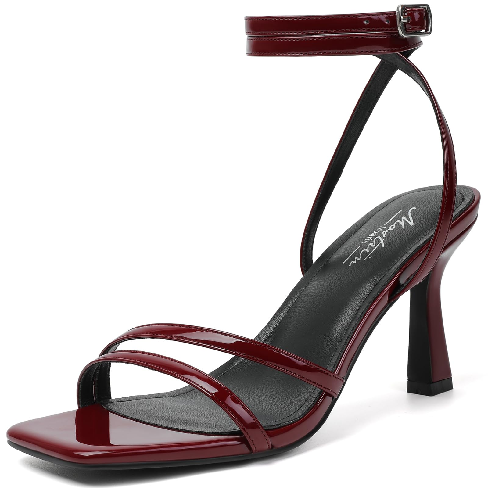 Photo 1 of Mostrin Dark Red Womens Strappy Heels - Burgundy Lace Up Ankle Strap Open Toe Stiletto High Heeled Sandals for Wedding, Prom, Party, Daily Size 9