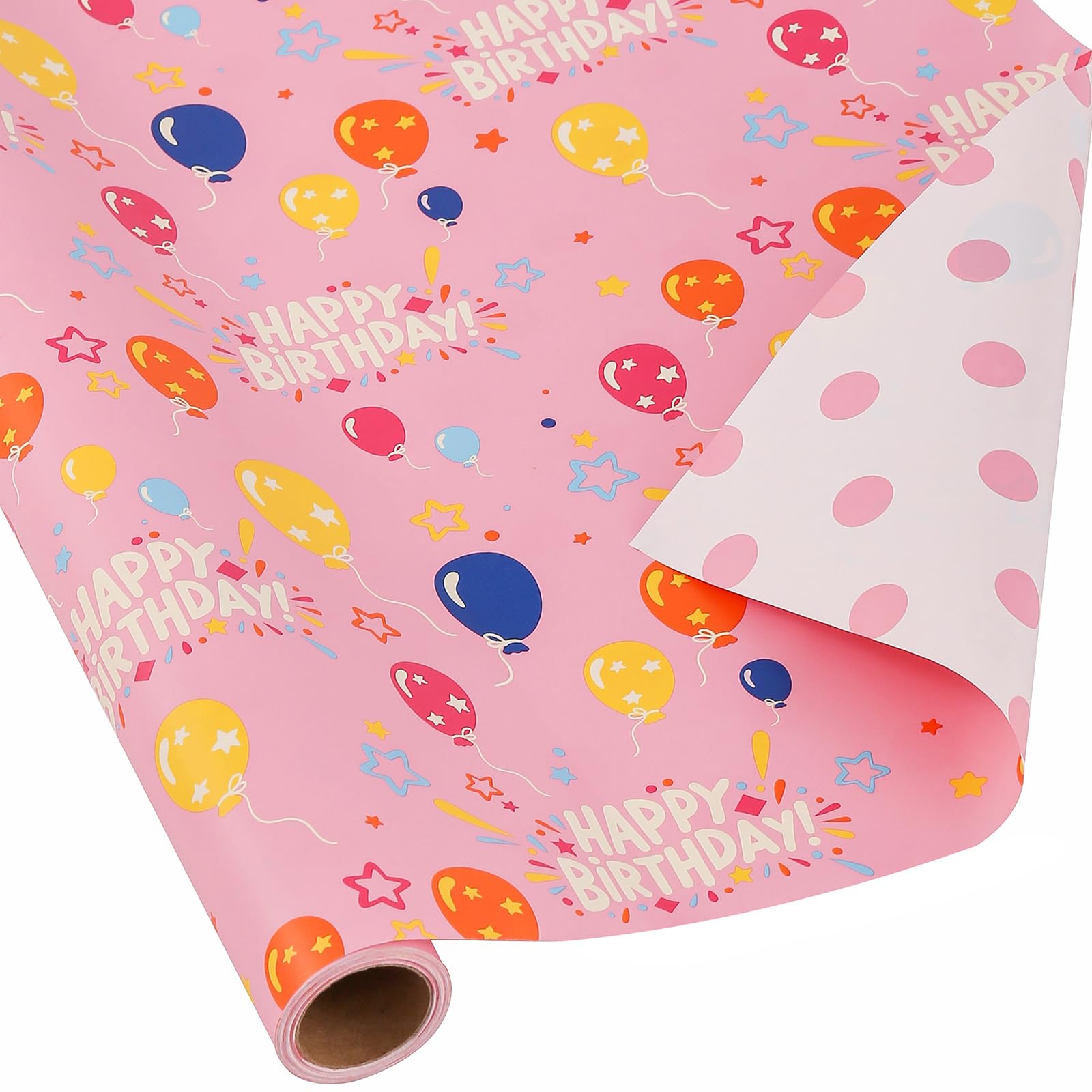 Photo 1 of AUCLAY Reversible Birthday Wrapping Paper for Girls Kids Baby Shower - Cute Happy Birthday Lettering Balloon in Pink and Polka Dots Design - Gift Wrap Paper Roll, 17.7 Inch Wide