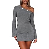 OOQONQ Women's Fall Off The Shoulder Long Flared Sleeve Mini Dress Neckline with Silver Eyelet Bodycon Party Club Dresses
