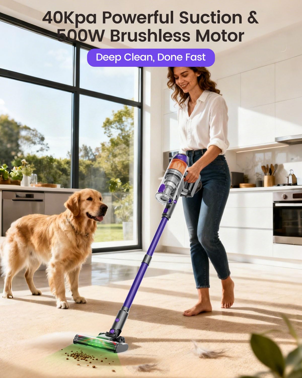 Cordless Vacuum Cleaner,500W 40KPa 60Mins Vacuum Cleaners for Home,Powerful Stick Vacuum With Green Light,Anti-tangle Wireless Vacumm, Rechargeable Vacuum for Pet Hair/Carpet/Hardwood Floor,Purple