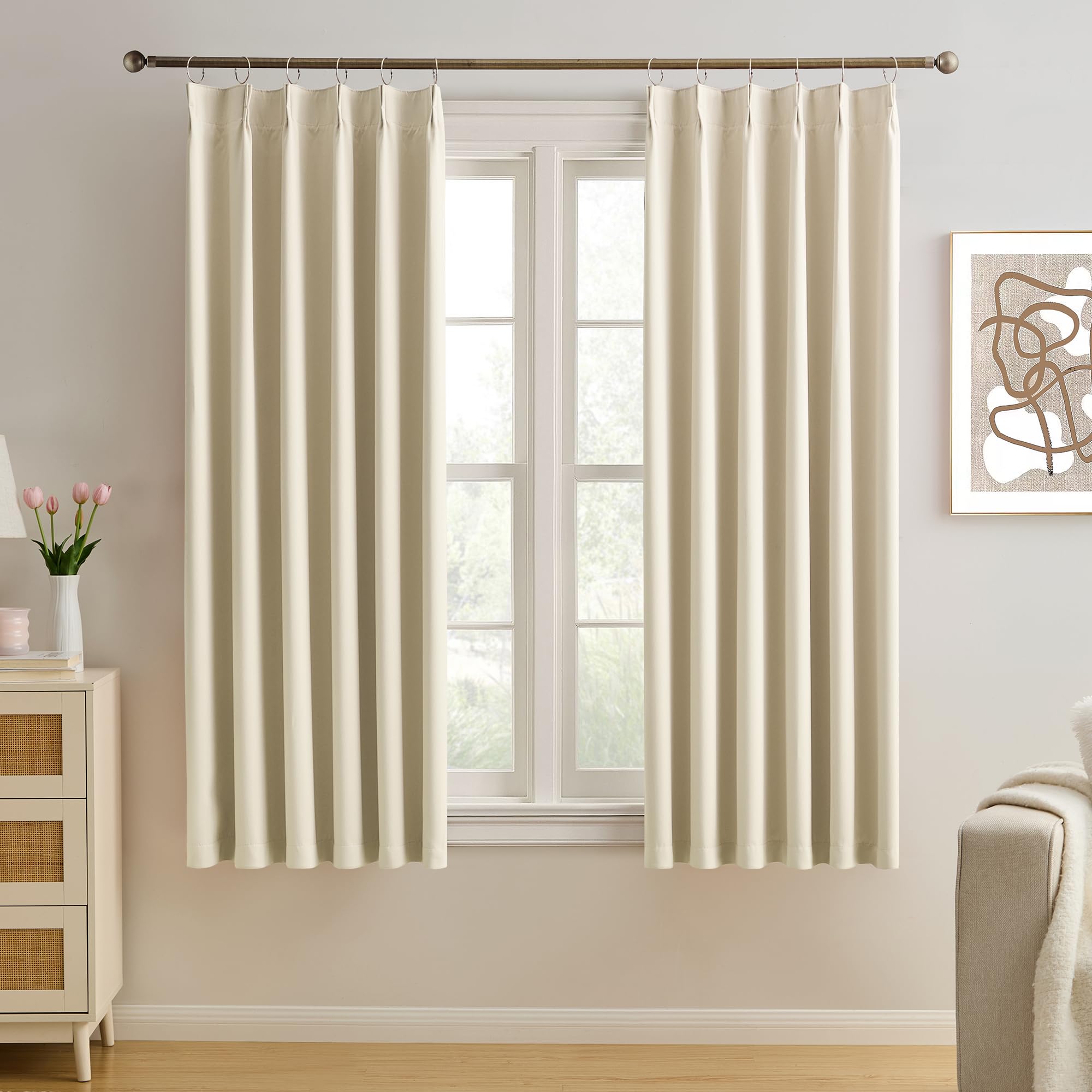 Photo 1 of KEQIAOSUOCAI Cream Pleated Blackout Bedroom Curtains 72 Inches Long 6 Ft Length, Summer Heat Thermal Insulated Pinch Pleat Vertical Drapes Cute Window Drapes for Bedroom(Beige,40"x72"x2 Panels)