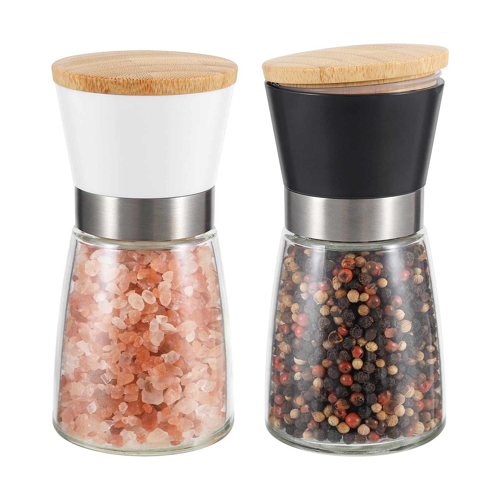 Vucchini Salt and Pepper Grinder Set Black and White, Easy to Refill and Use, Ceramic Spices Mill for Kitchen, with Adjustable Coarseness, Fresh-Keeping Wooden Lids