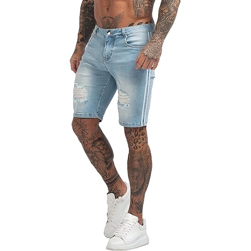 GINGTTO Men's Denim Shorts Slim Fit Stretch Ripped Short Jeans