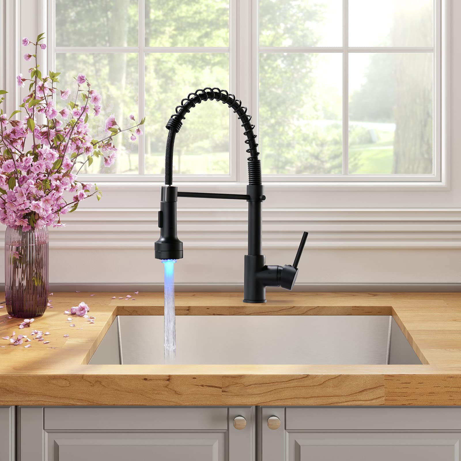 TIMACO LED Kitchen Tap Black 360° Swivelling with Spiral Spring Shower Extendible High-Pressure Kitchen Sink Mixer Tap